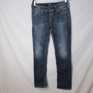 Silver Jeans Co Suki Mid Straight Blue Jeans Distressed Womens 28